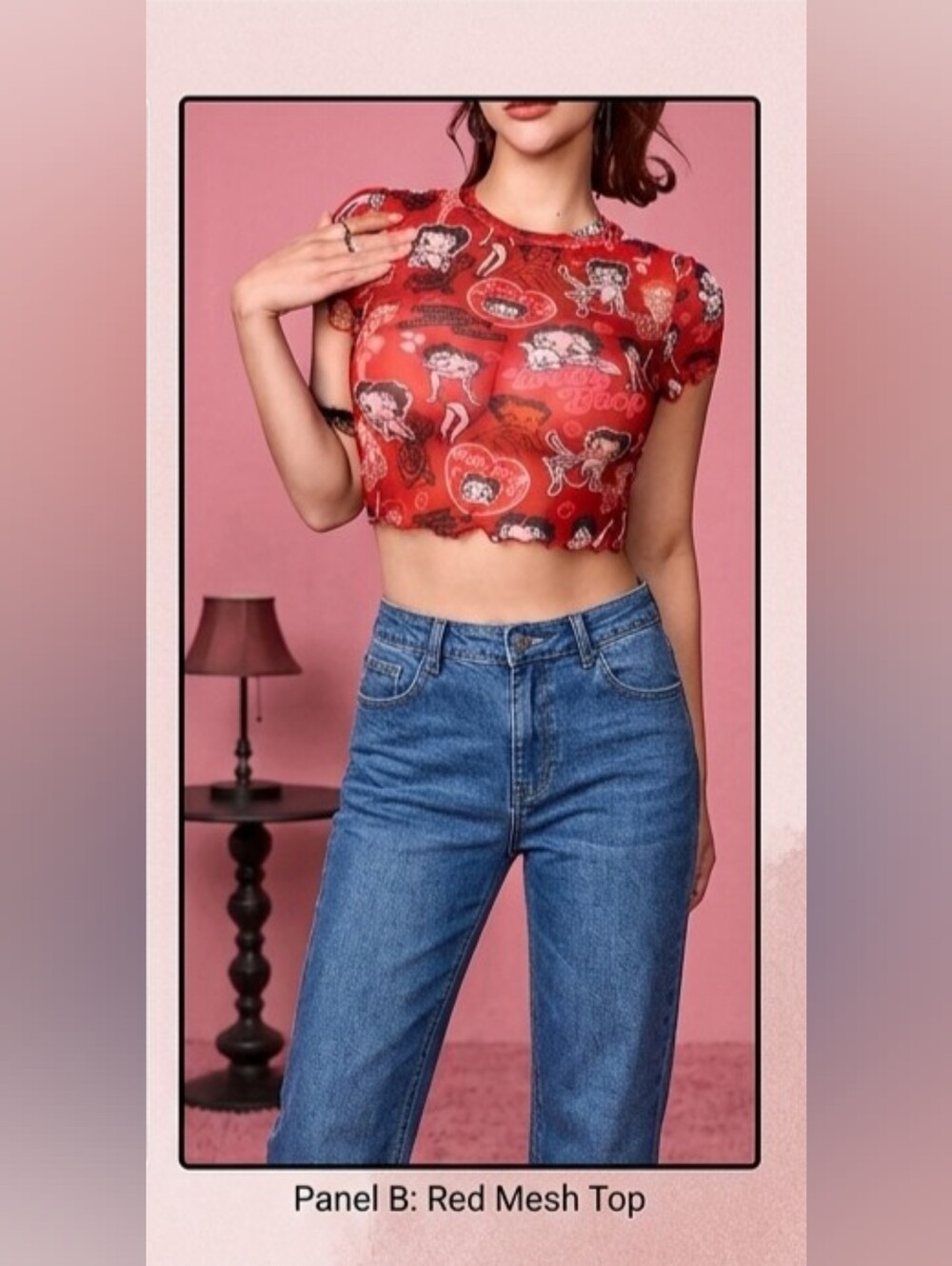 BETTY BOOP Red Sheer Mesh Graphic Crop Top Y2K Grunge Retro